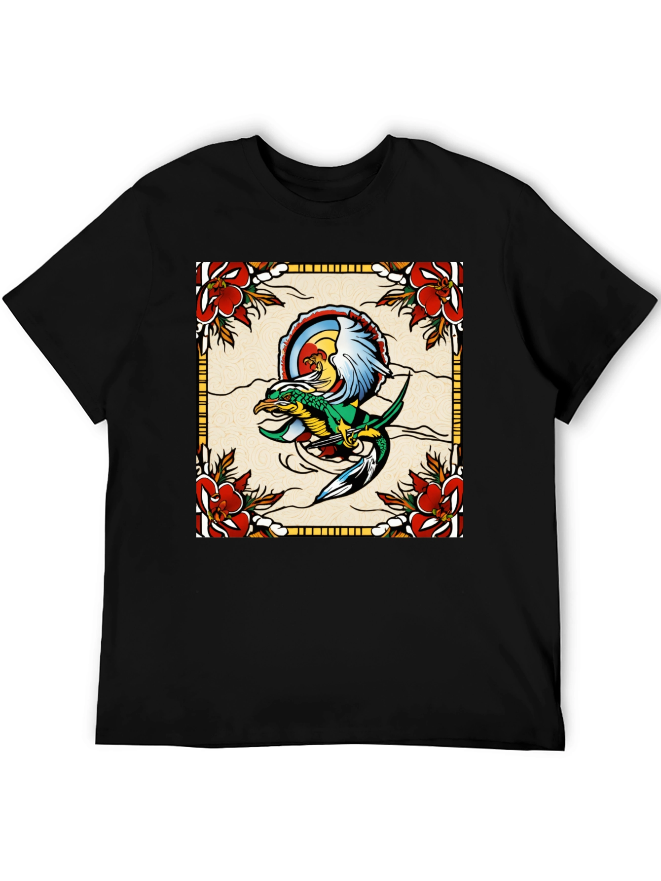 Retro Dragon & Floral Graphic T-Shirt