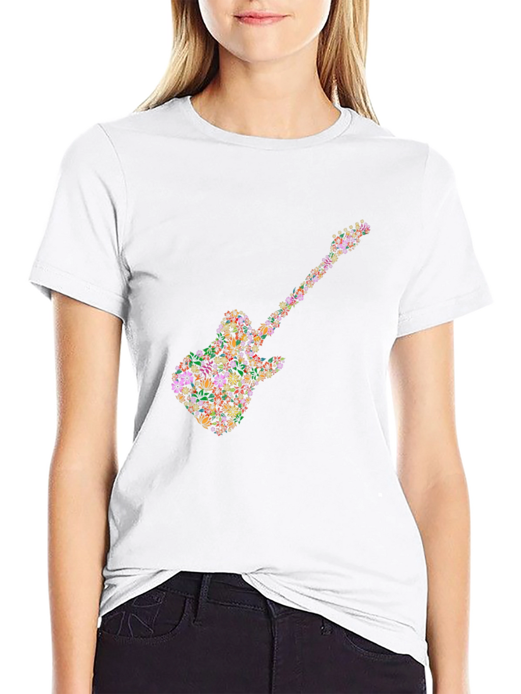 Floral Guitar Graphic Tee - Black Cotton T-Shirt