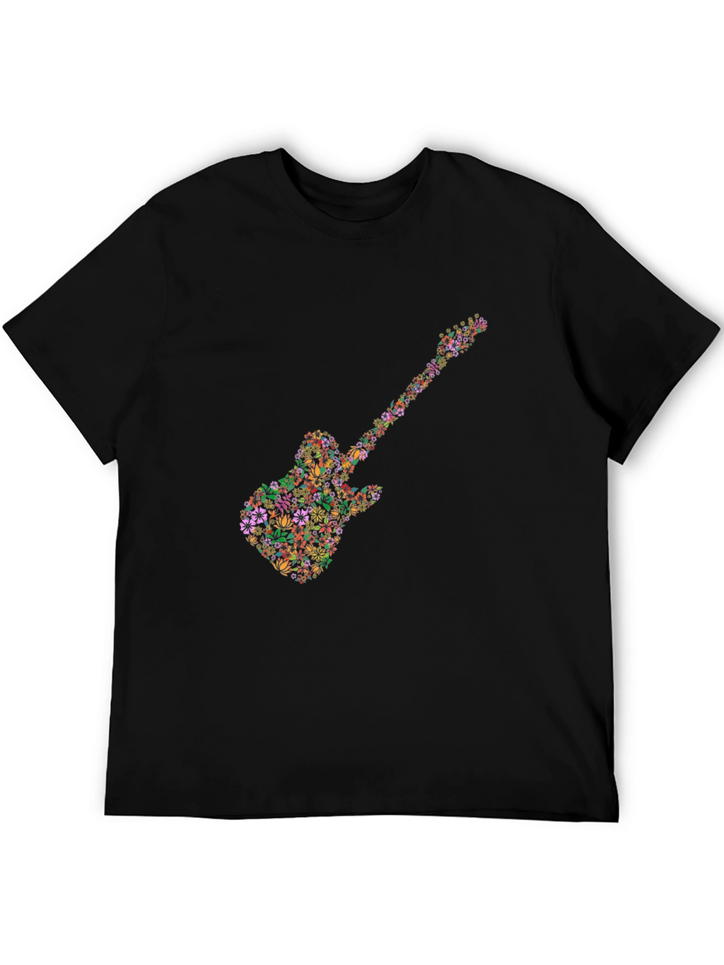 Floral Guitar Graphic Tee - Black Cotton T-Shirt