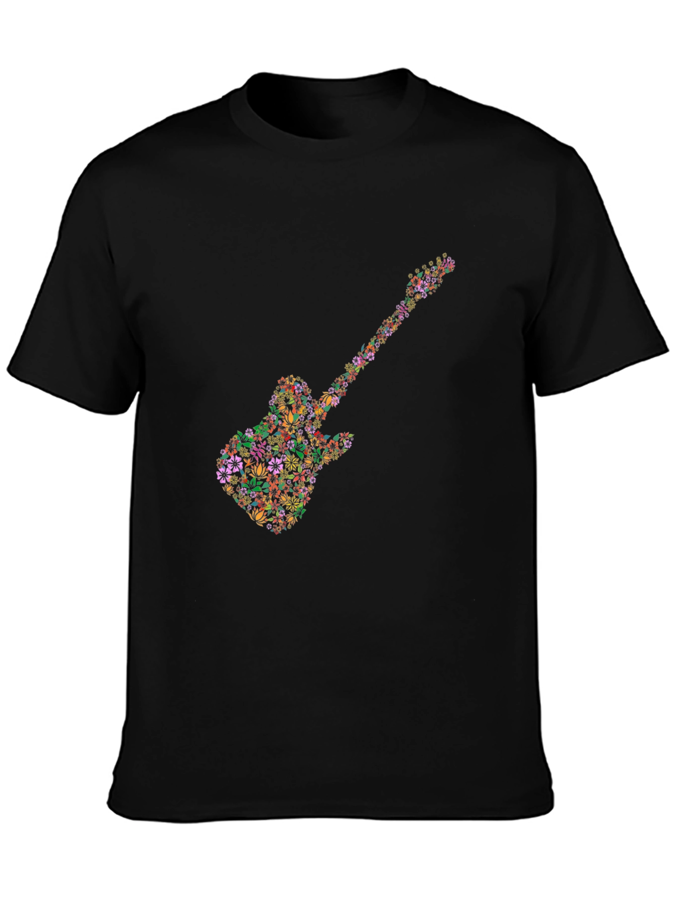 Floral Guitar Graphic Tee - Black Cotton T-Shirt