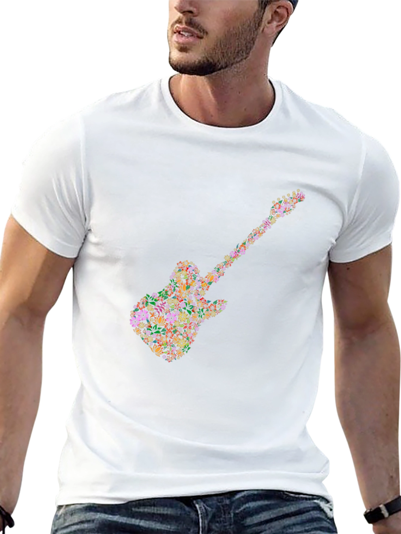 Floral Guitar Graphic Tee - Black Cotton T-Shirt