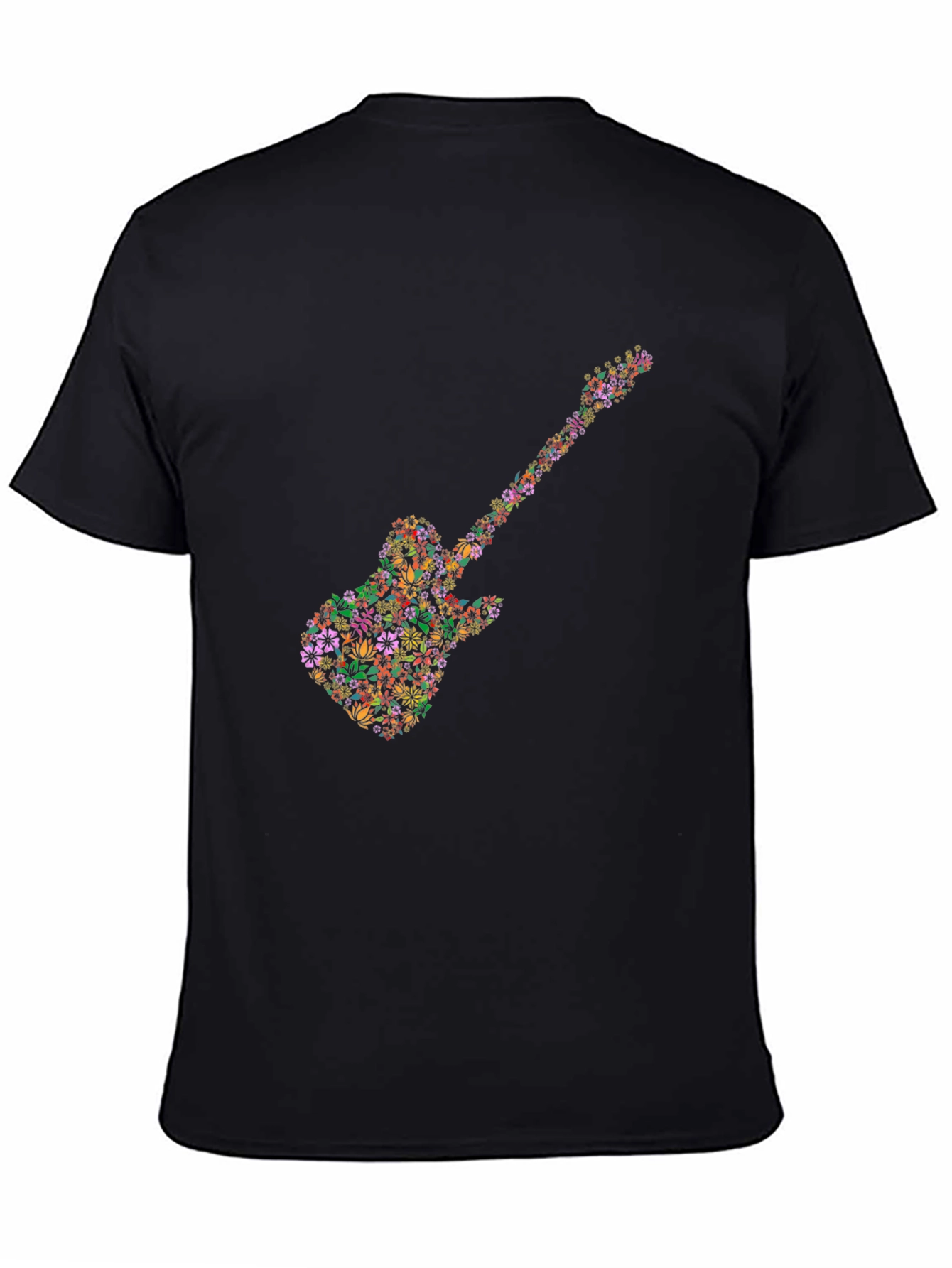 Floral Guitar Graphic Tee - Black Cotton T-Shirt