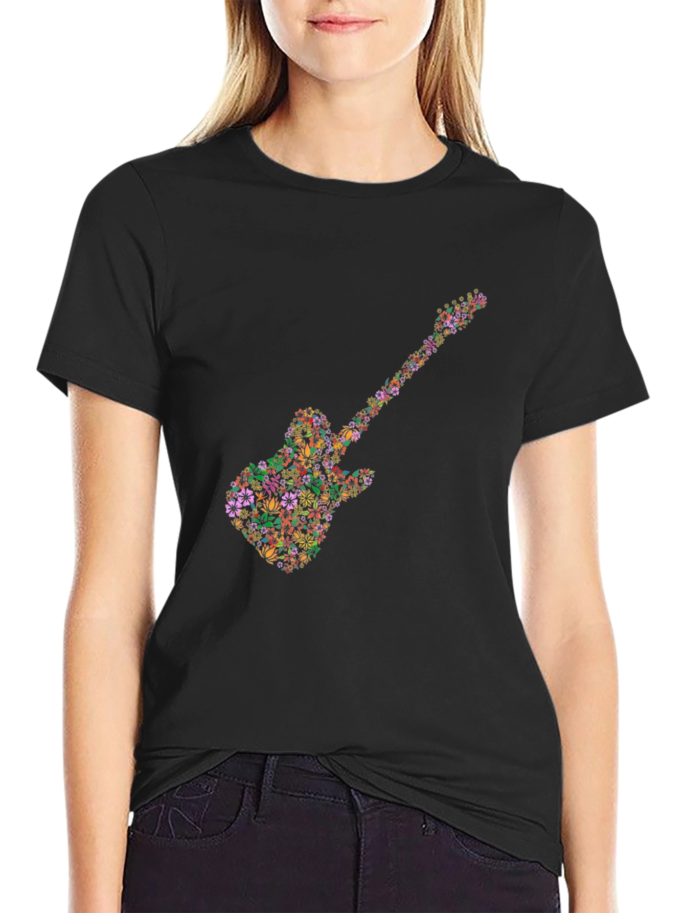 Floral Guitar Graphic Tee - Black Cotton T-Shirt
