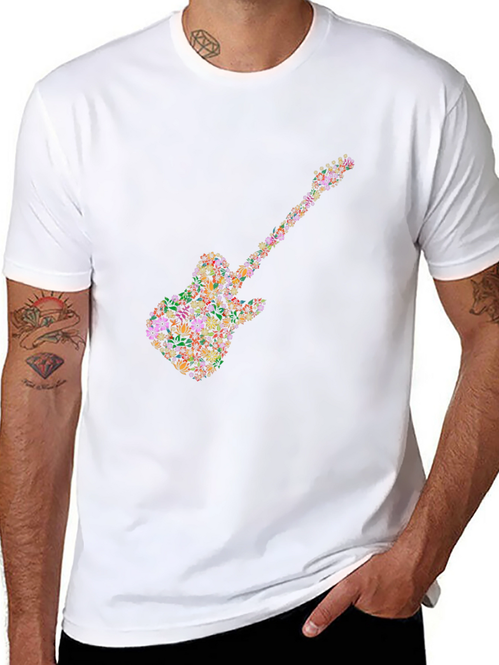 Floral Guitar Graphic Tee - Black Cotton T-Shirt