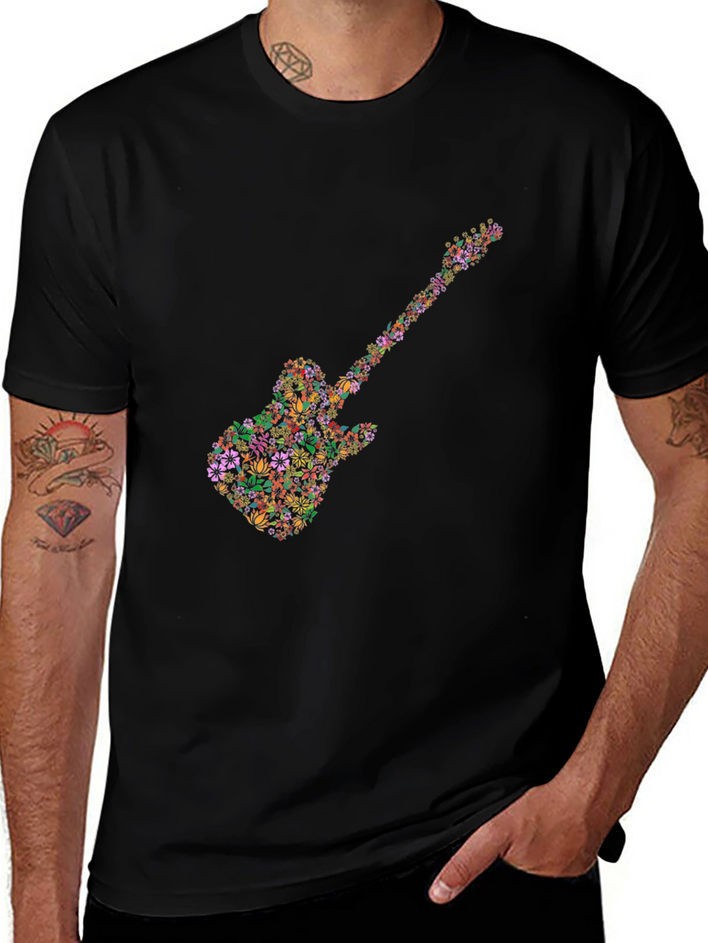 Floral Guitar Graphic Tee - Black Cotton T-Shirt