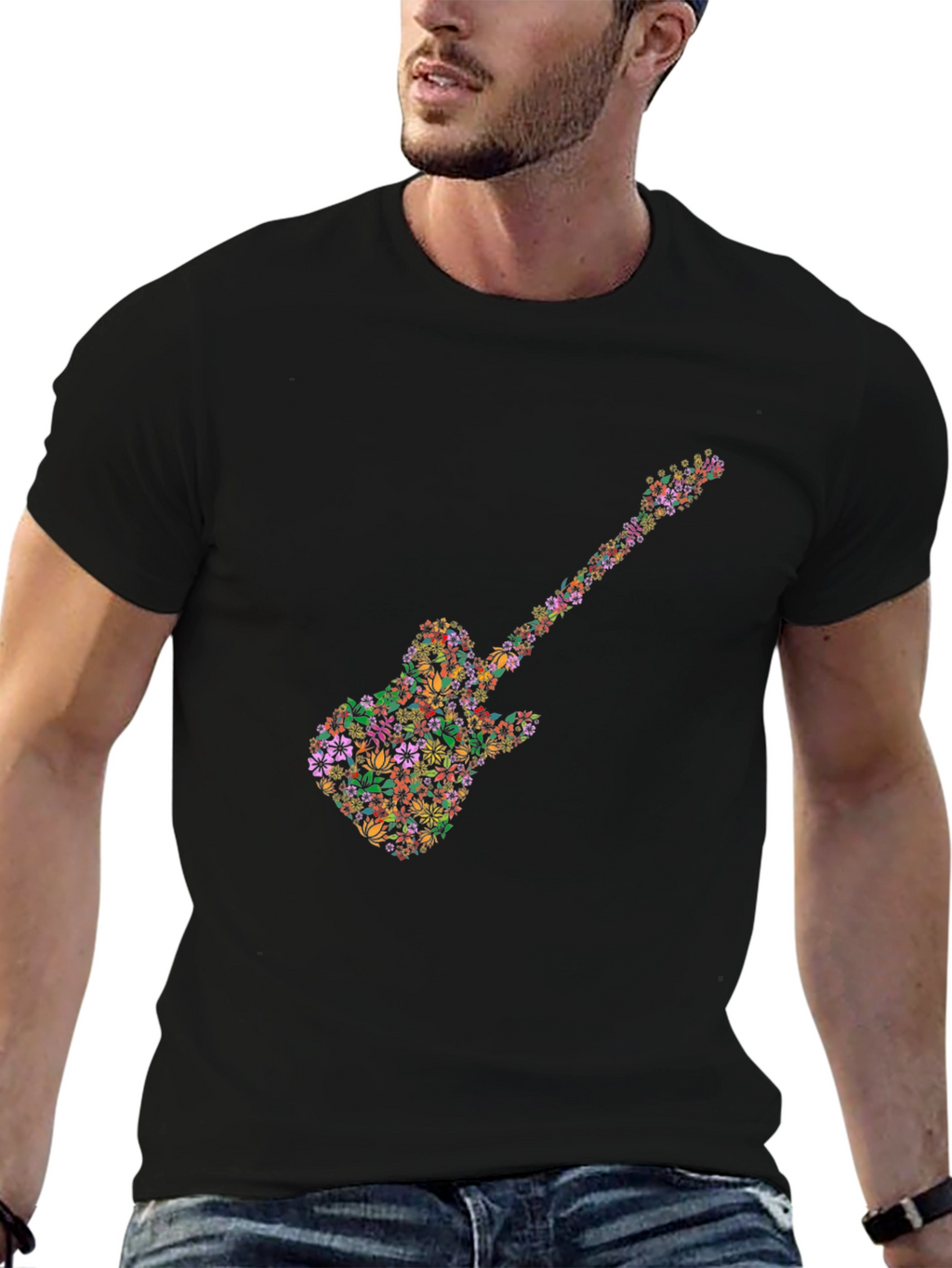 Floral Guitar Graphic Tee - Black Cotton T-Shirt