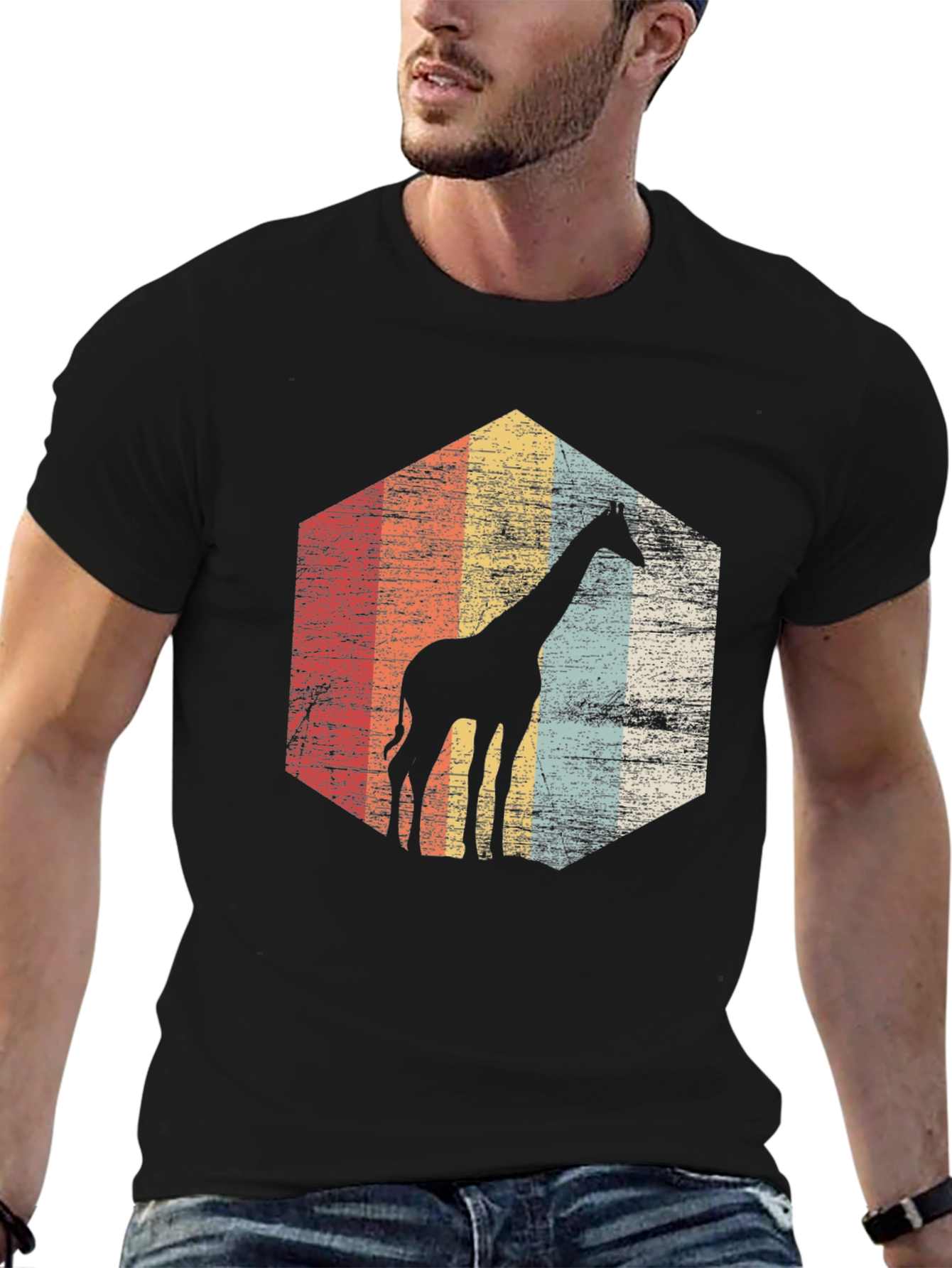 Retro Giraffe T-Shirt - Mens Black Graphic Tee
