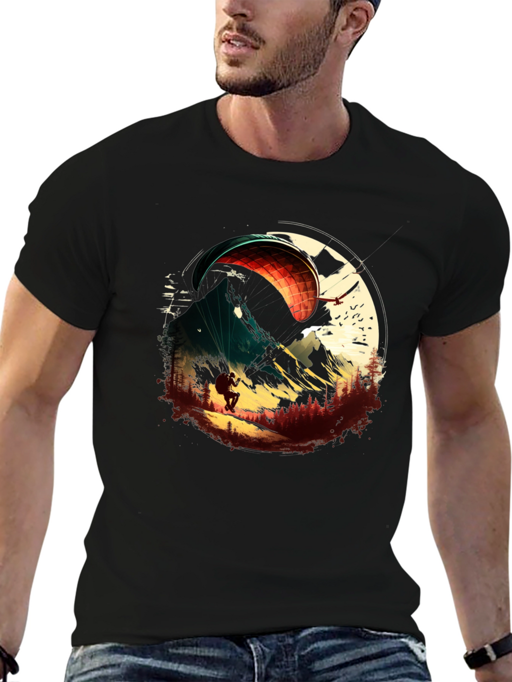 Paragliding Adventure Graphic Tee - Black Cotton T-Shirt
