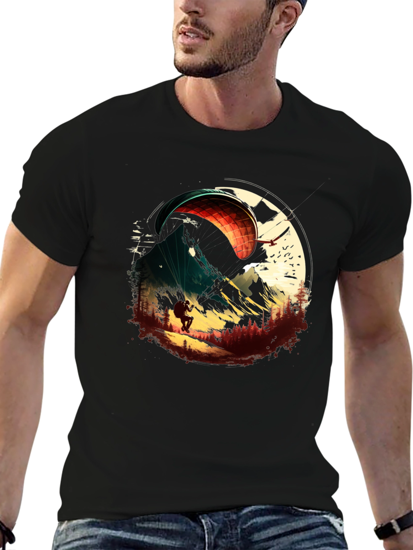 Paragliding Adventure Graphic Tee - Black Cotton T-Shirt