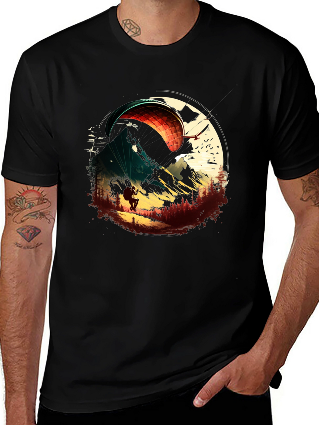 Paragliding Adventure Graphic Tee - Black Cotton T-Shirt