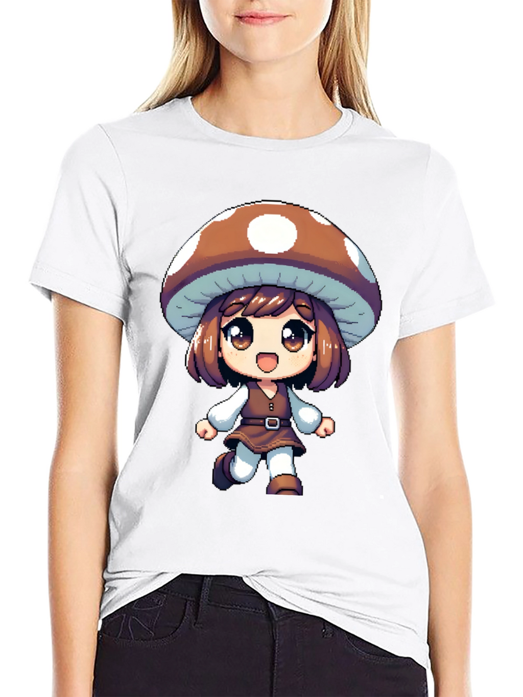 Mushroom Girl Black T-Shirt Anime Pixel Art