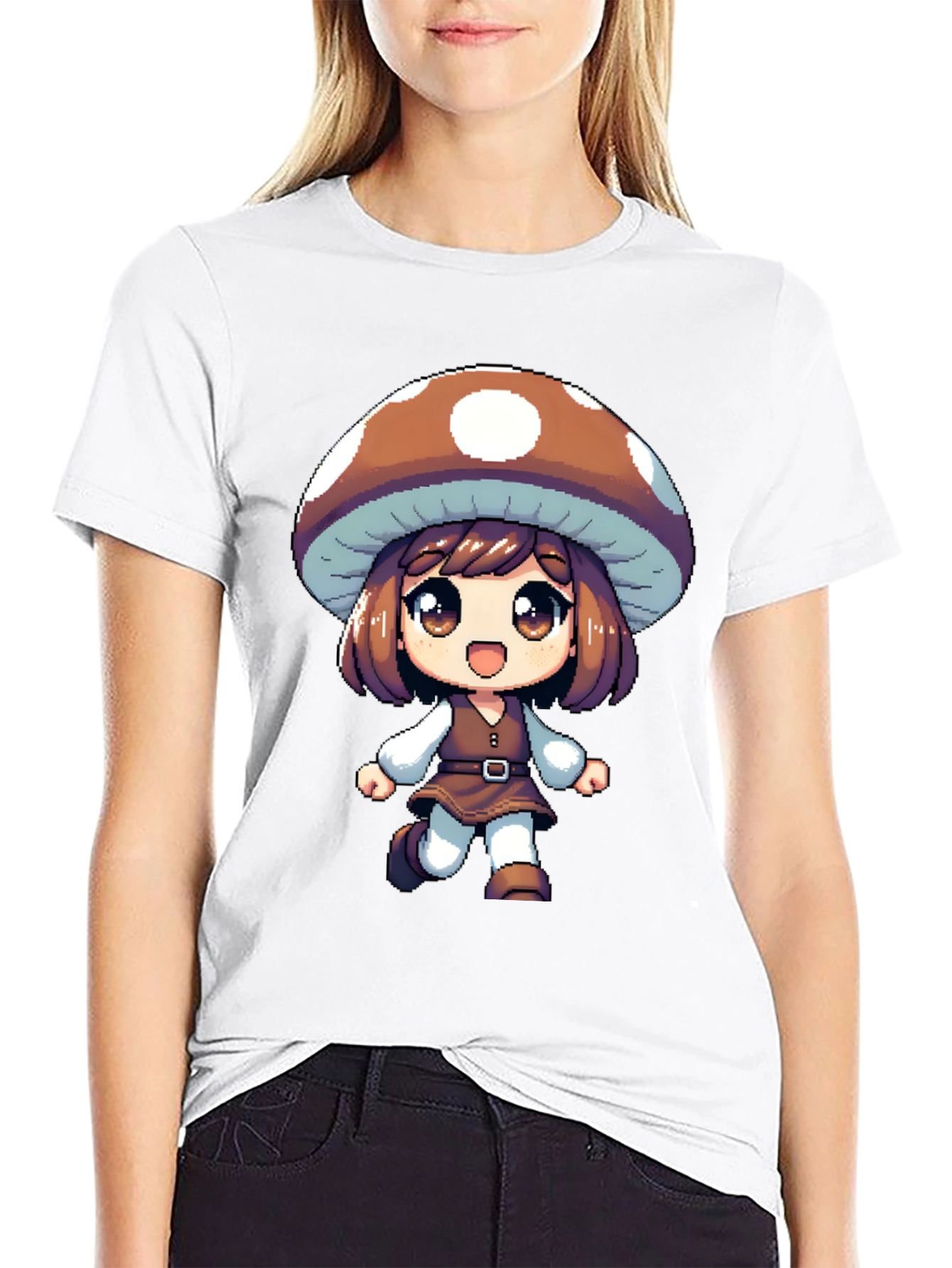 Mushroom Girl Black T-Shirt Anime Pixel Art