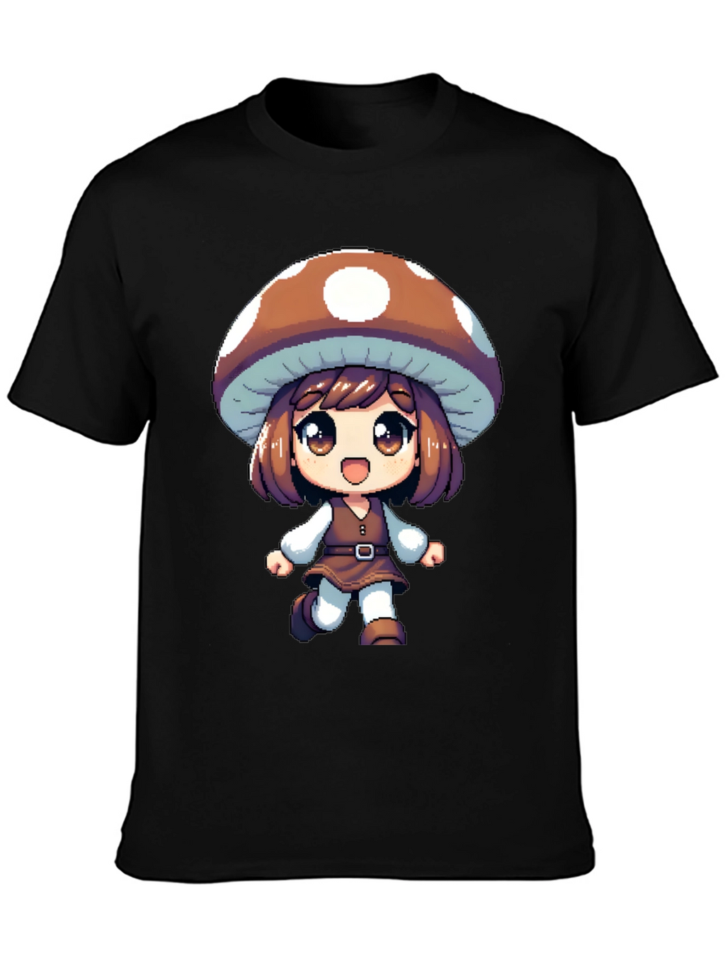 Mushroom Girl Black T-Shirt Anime Pixel Art