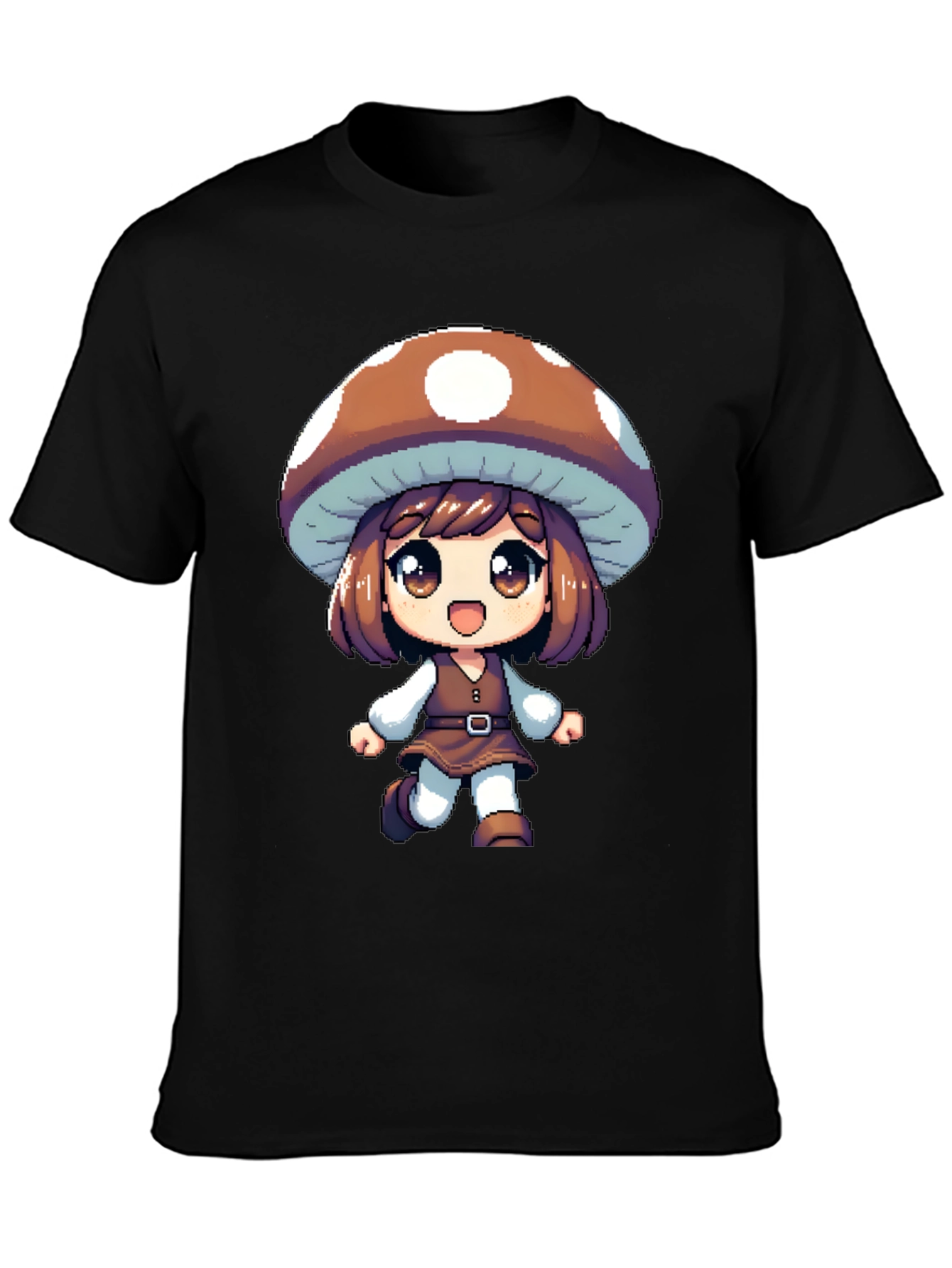 Mushroom Girl Black T-Shirt Anime Pixel Art