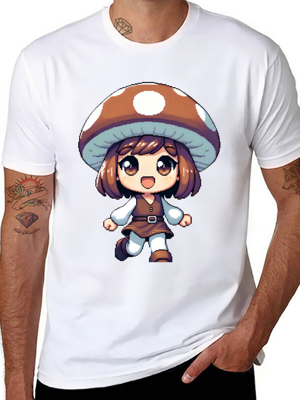Mushroom Girl Black T-Shirt Anime Pixel Art
