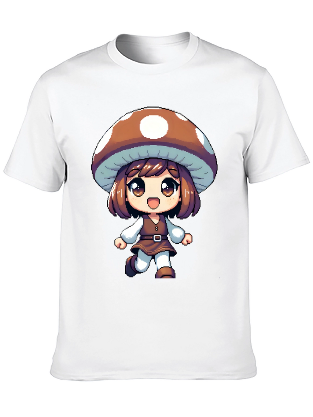 Mushroom Girl Black T-Shirt Anime Pixel Art
