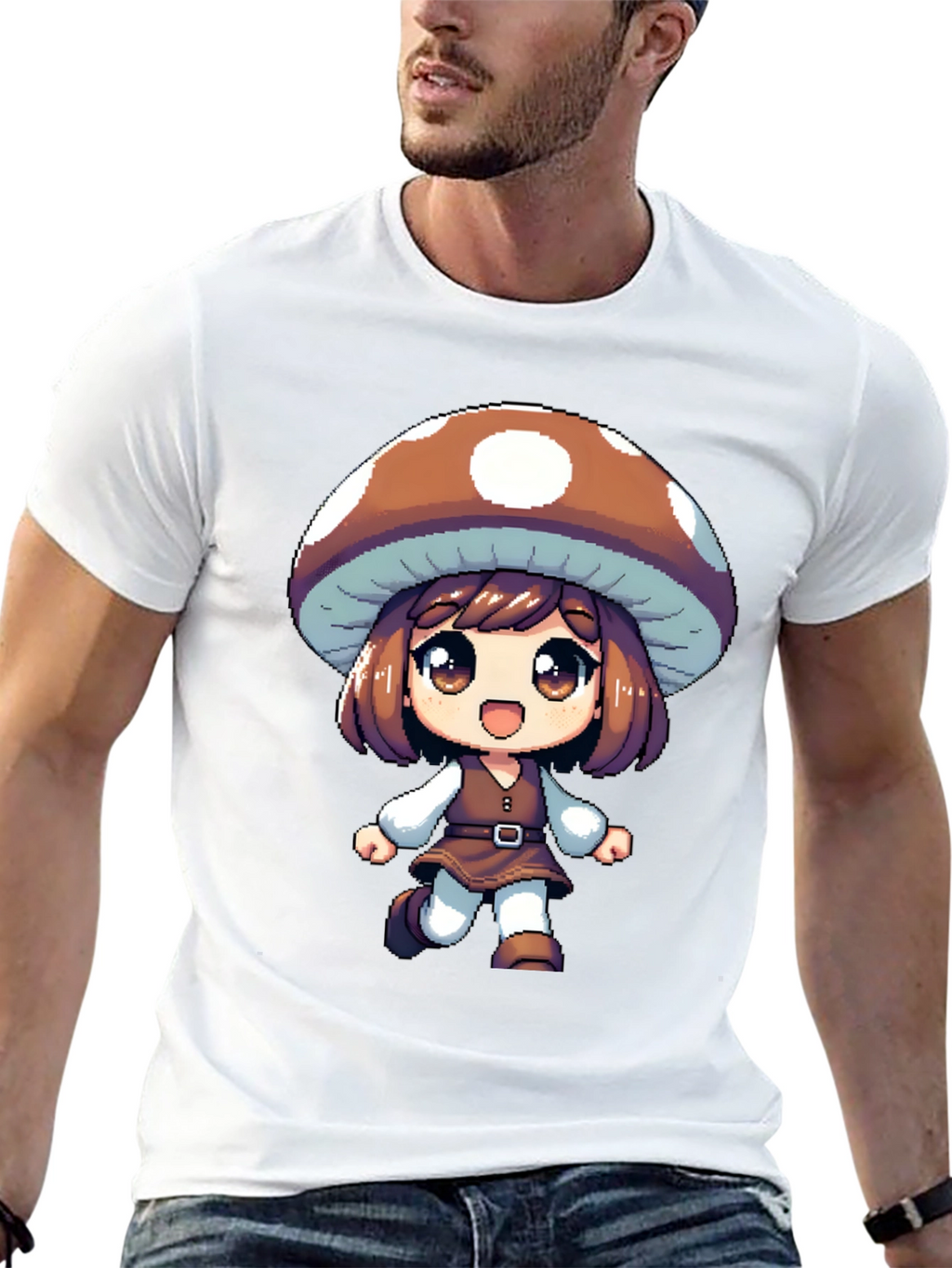 Mushroom Girl Black T-Shirt Anime Pixel Art