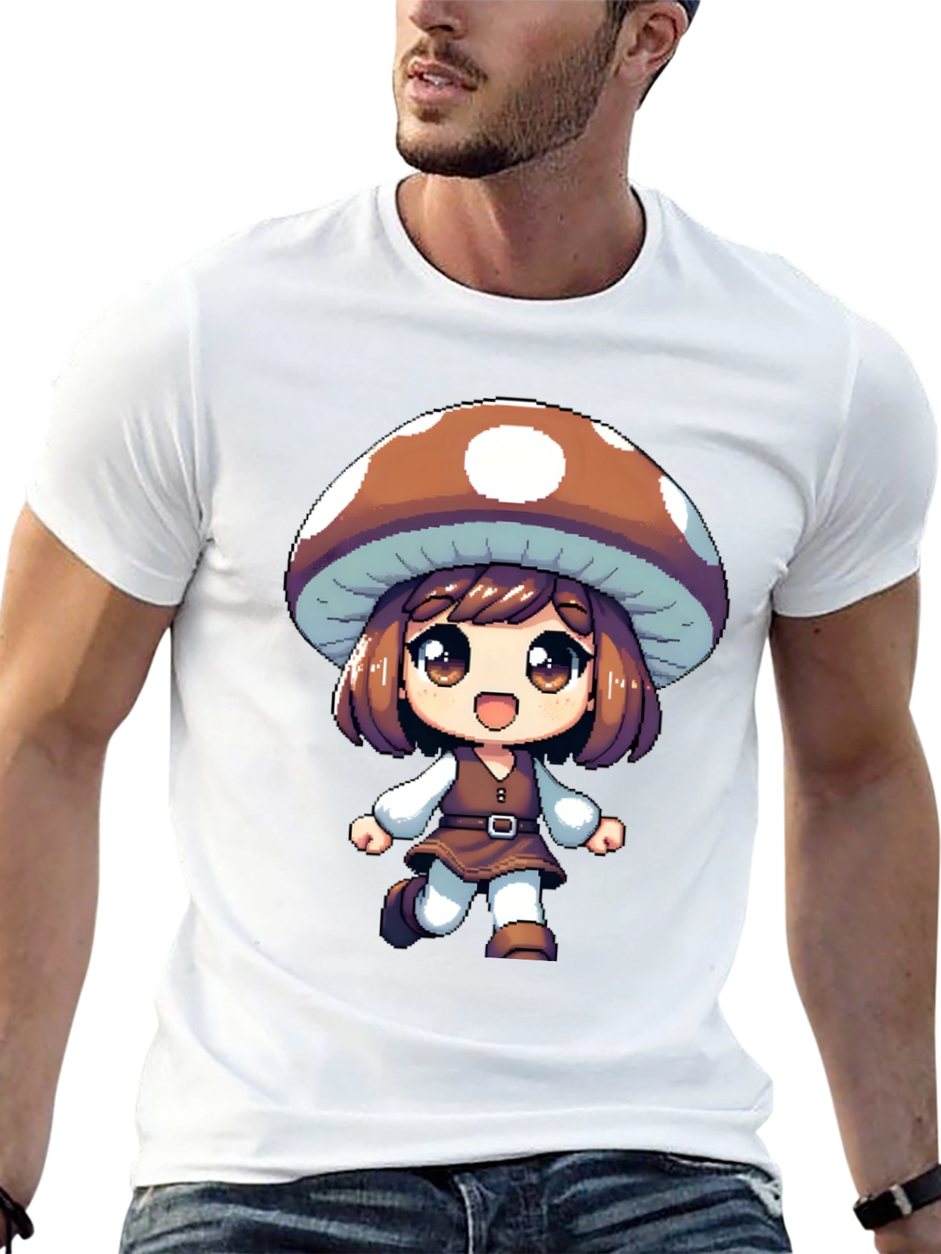 Mushroom Girl Black T-Shirt Anime Pixel Art
