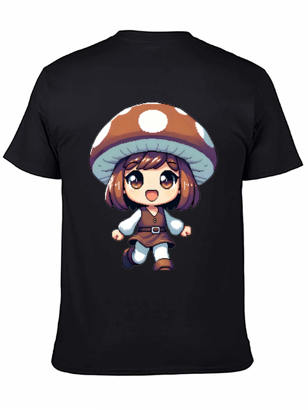 Mushroom Girl Black T-Shirt Anime Pixel Art
