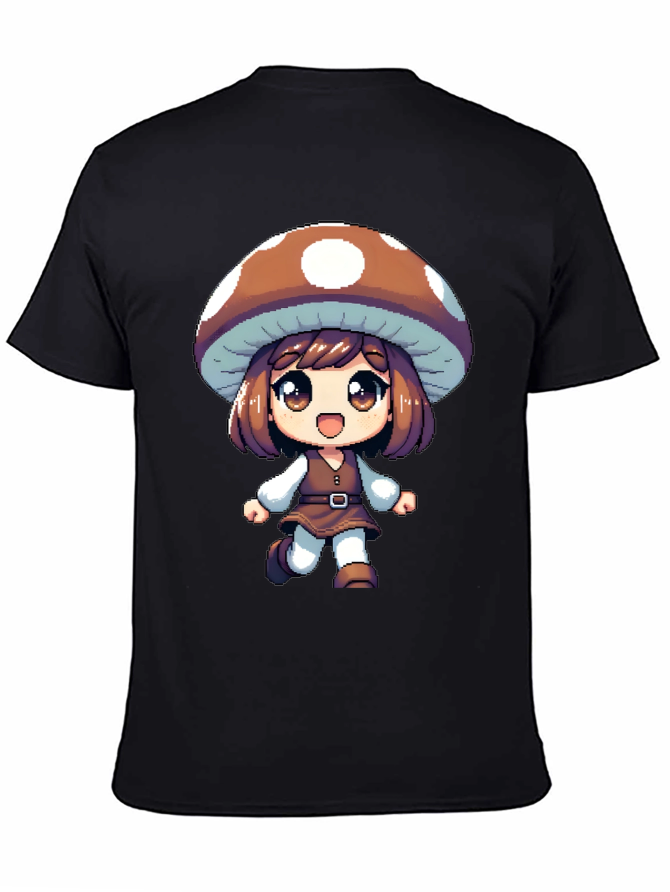 Mushroom Girl Black T-Shirt Anime Pixel Art
