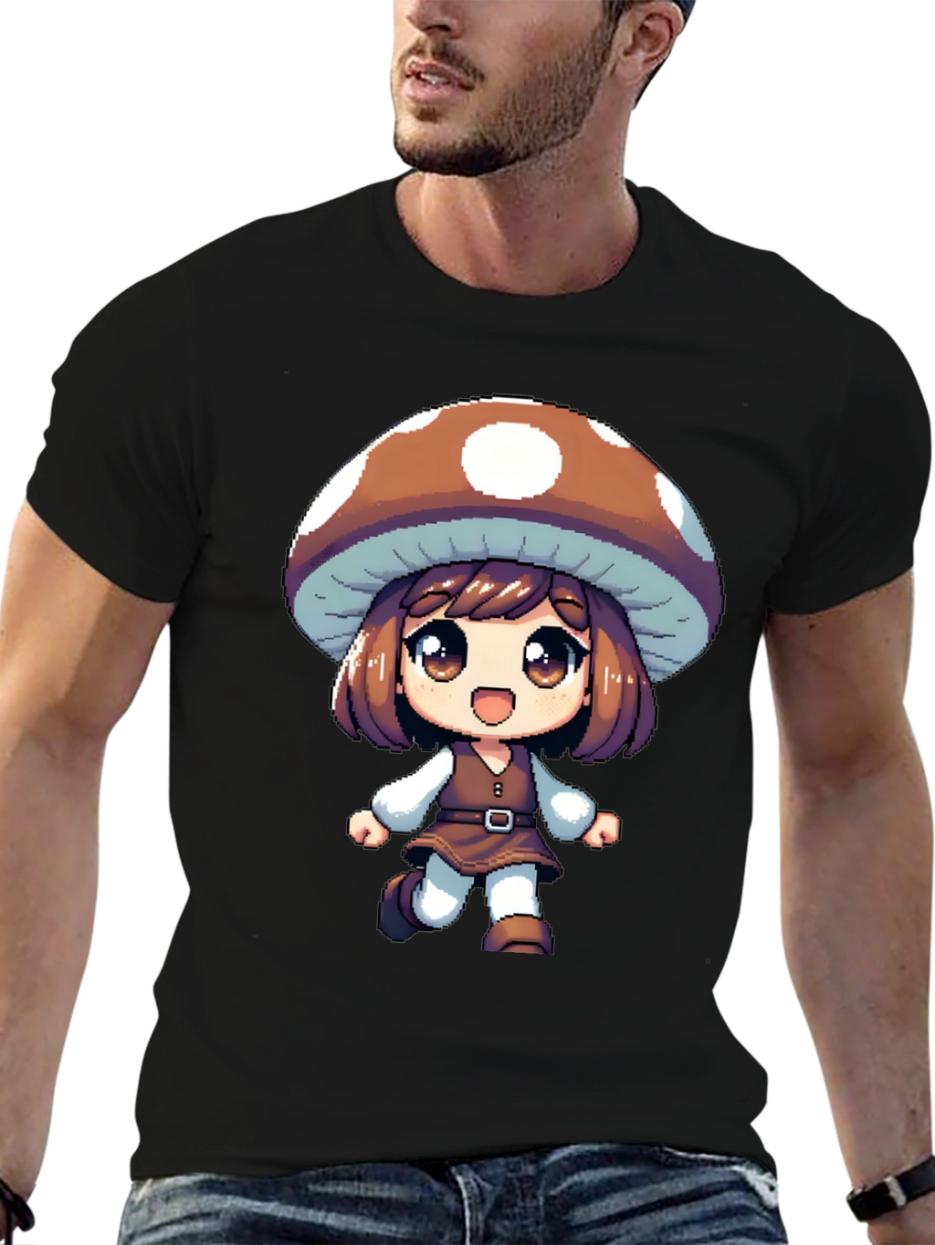 Mushroom Girl Black T-Shirt Anime Pixel Art