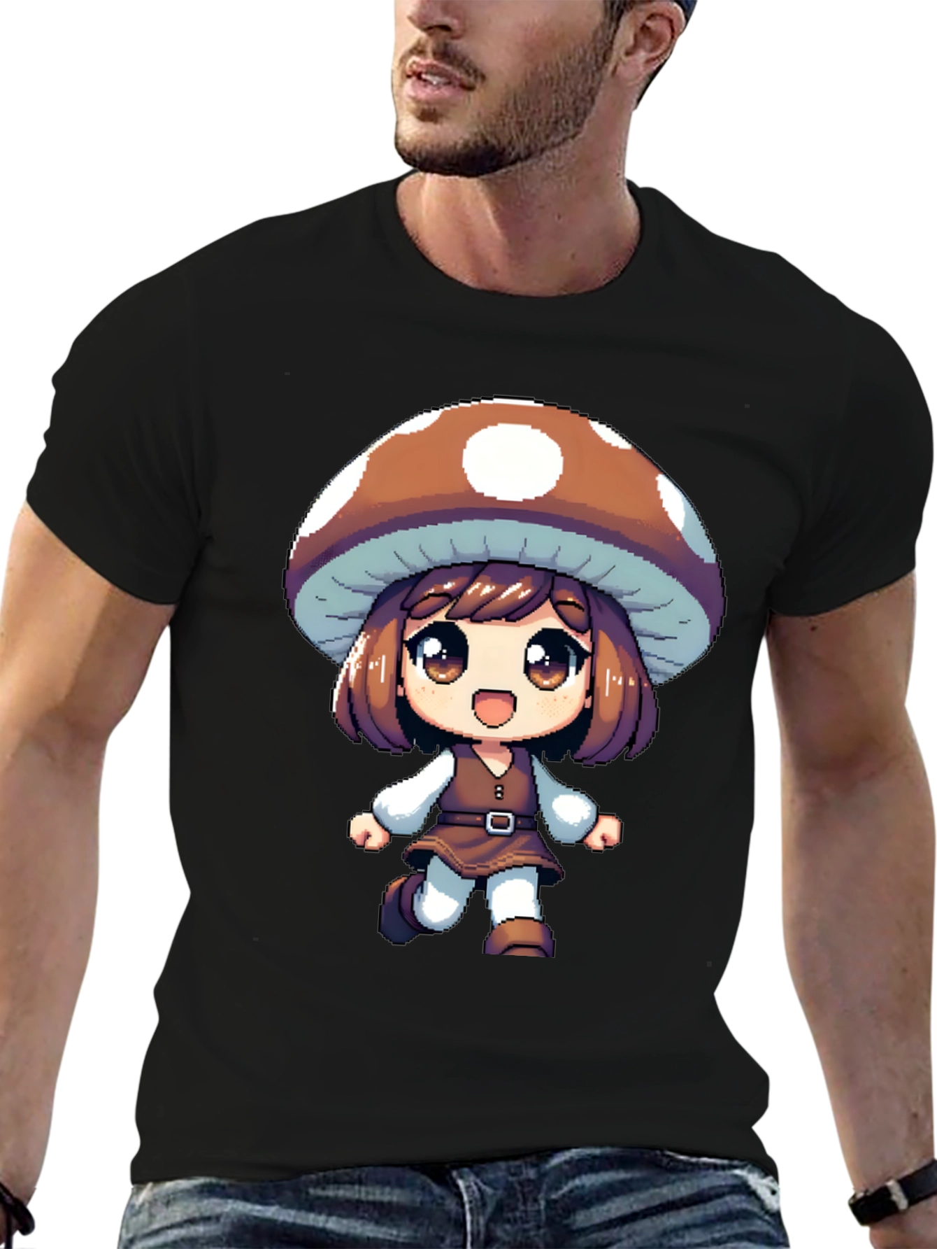 Mushroom Girl Black T-Shirt Anime Pixel Art