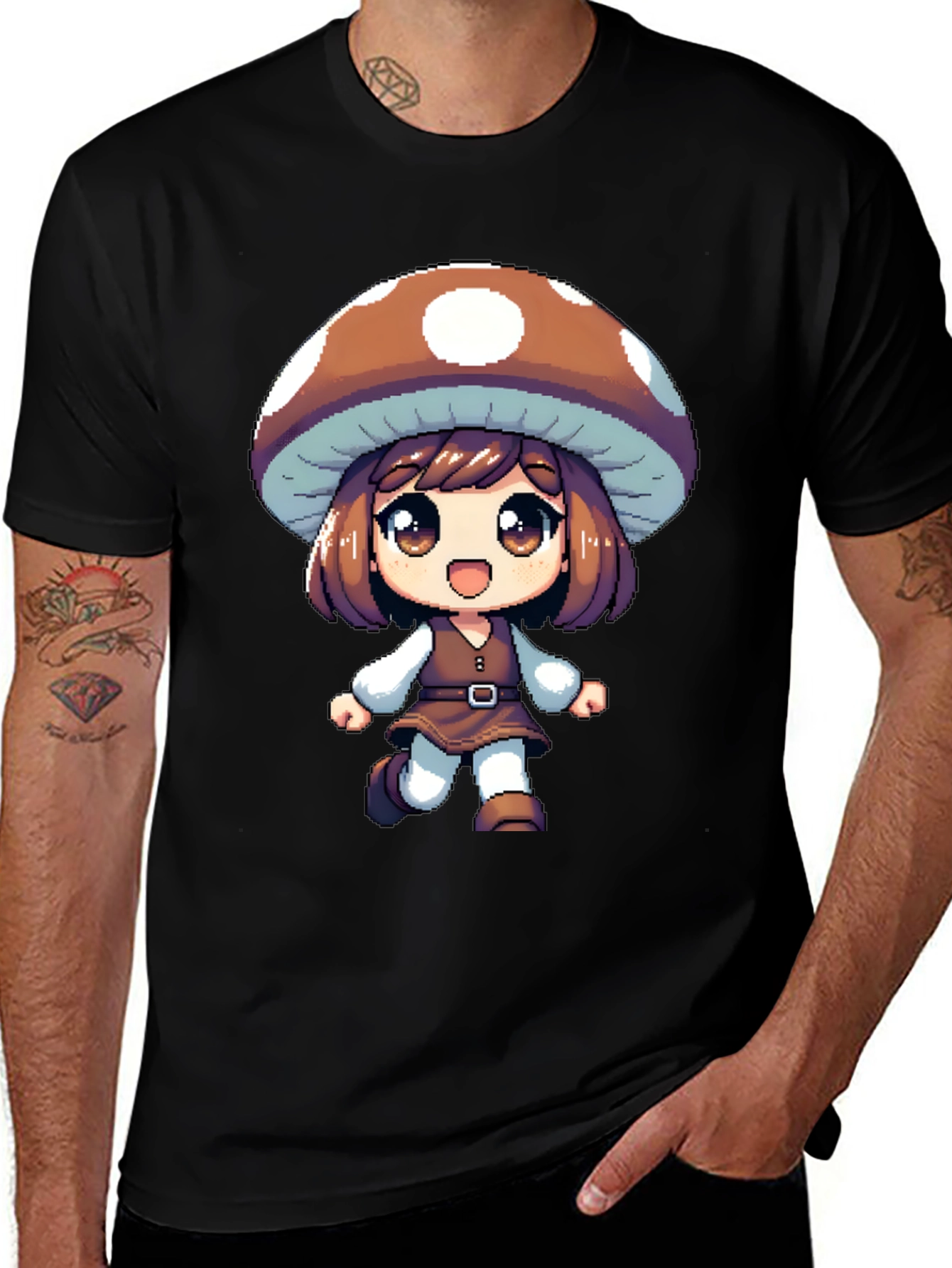 Mushroom Girl Black T-Shirt Anime Pixel Art