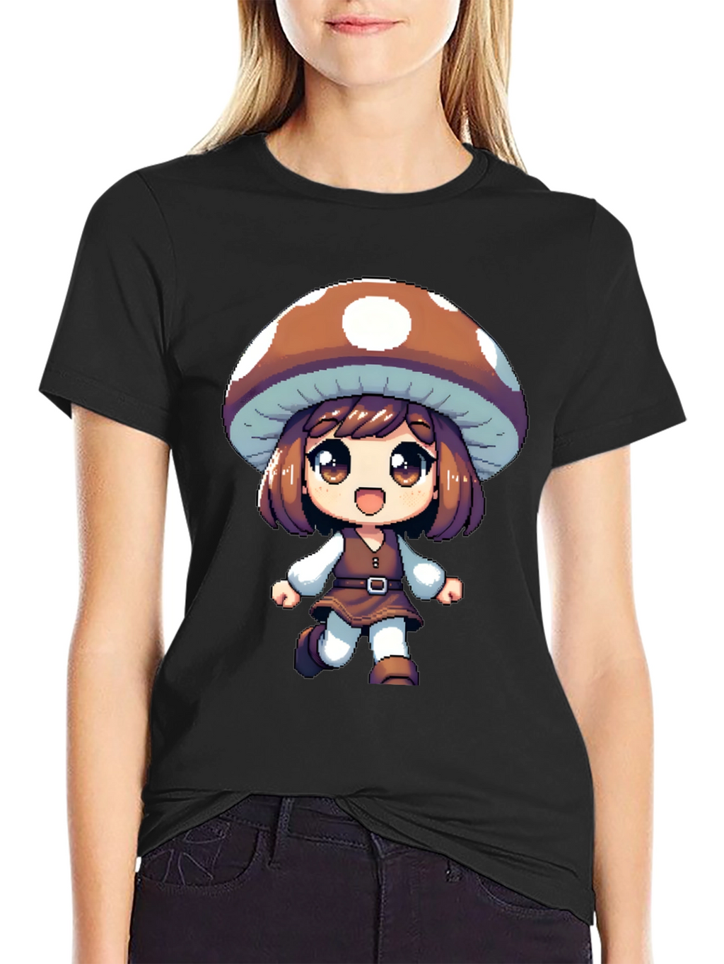Mushroom Girl Black T-Shirt Anime Pixel Art