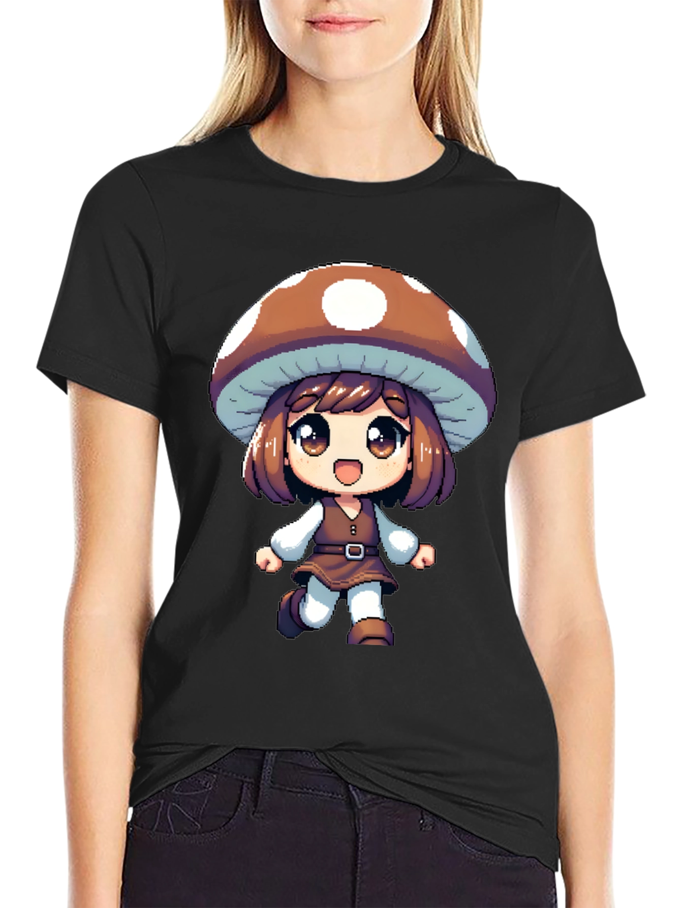 Mushroom Girl Black T-Shirt Anime Pixel Art