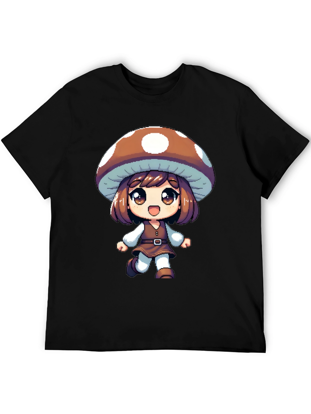 Mushroom Girl Black T-Shirt Anime Pixel Art