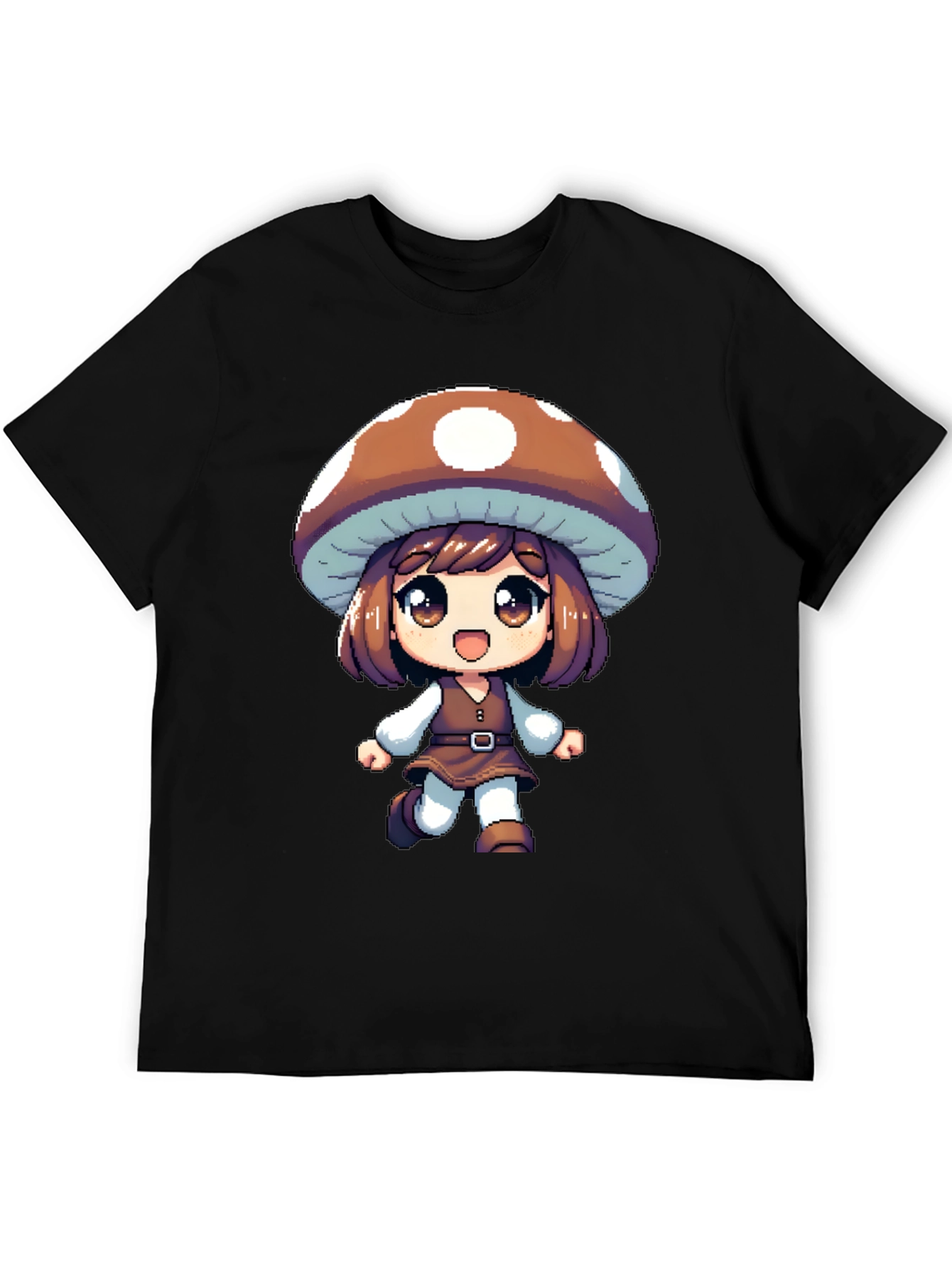 Mushroom Girl Black T-Shirt Anime Pixel Art