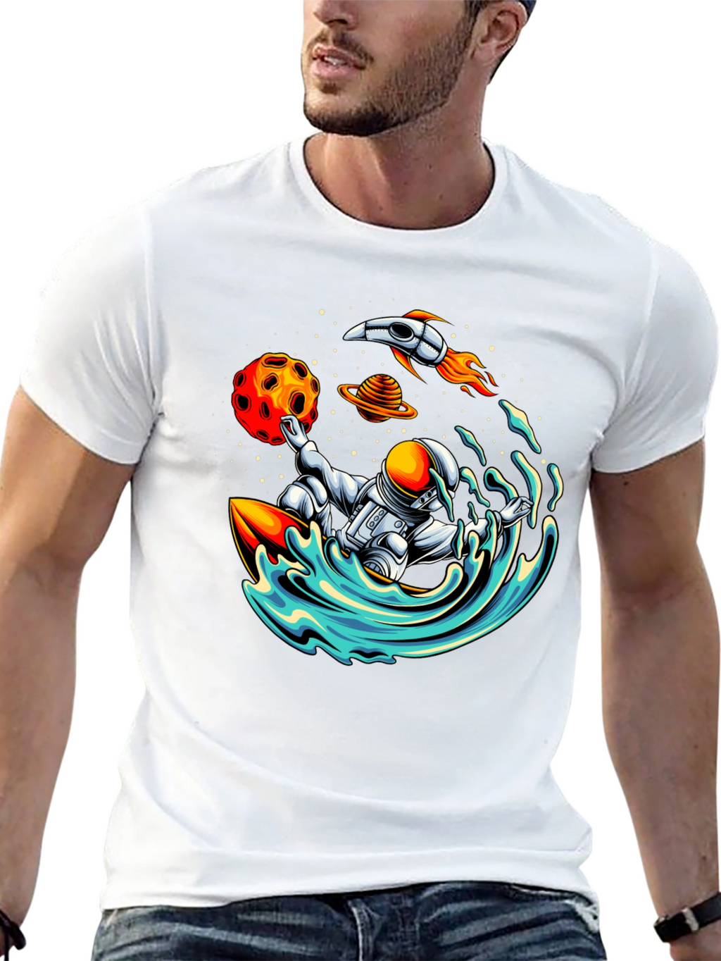 Astronaut Surfing T-Shirt - Space Wave Rider Graphic Tee