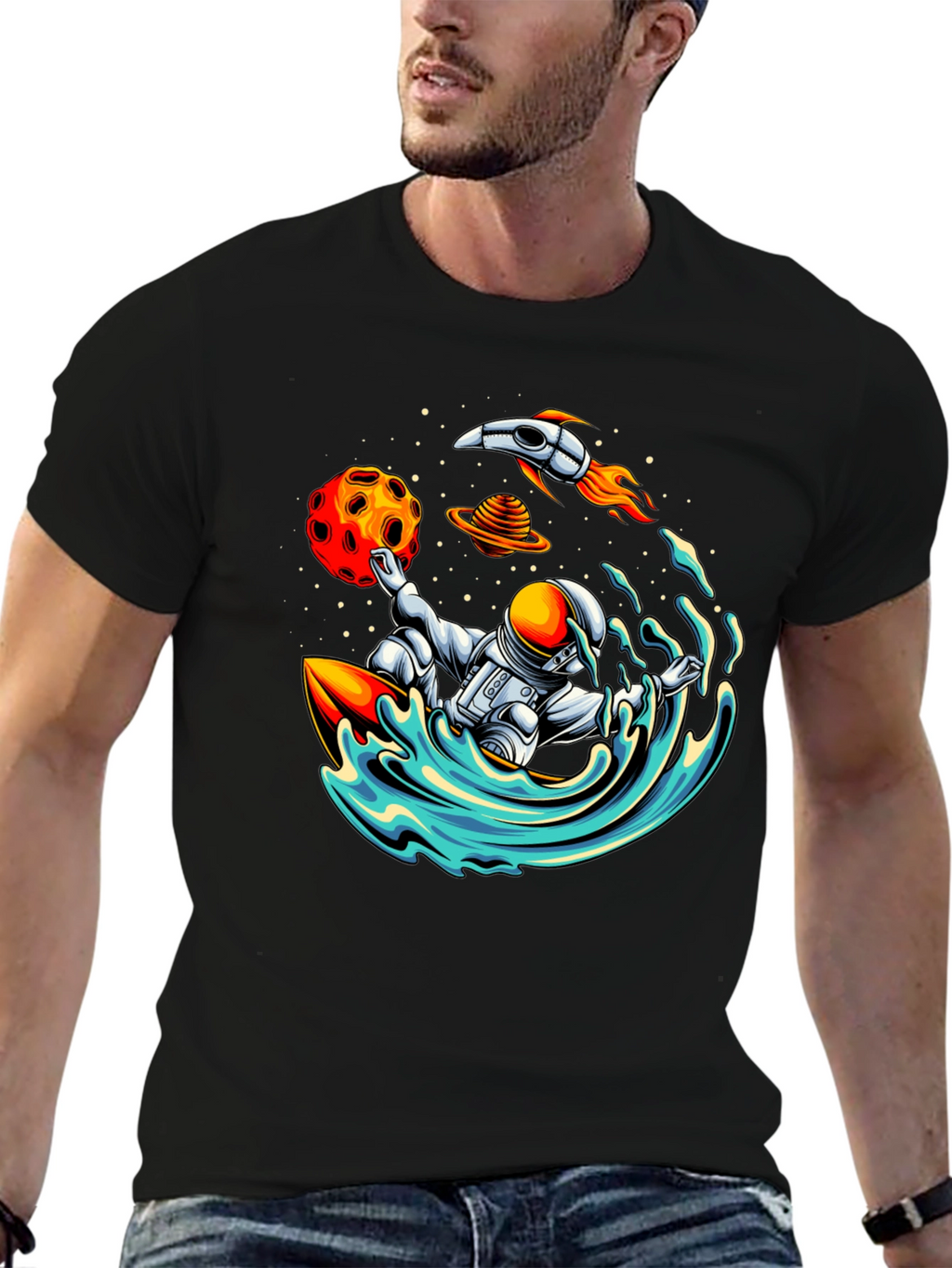 Astronaut Surfing T-Shirt - Space Wave Rider Graphic Tee