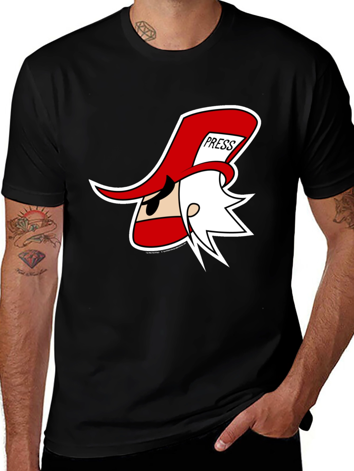 Cartoon Press Hat Man Black T-Shirt