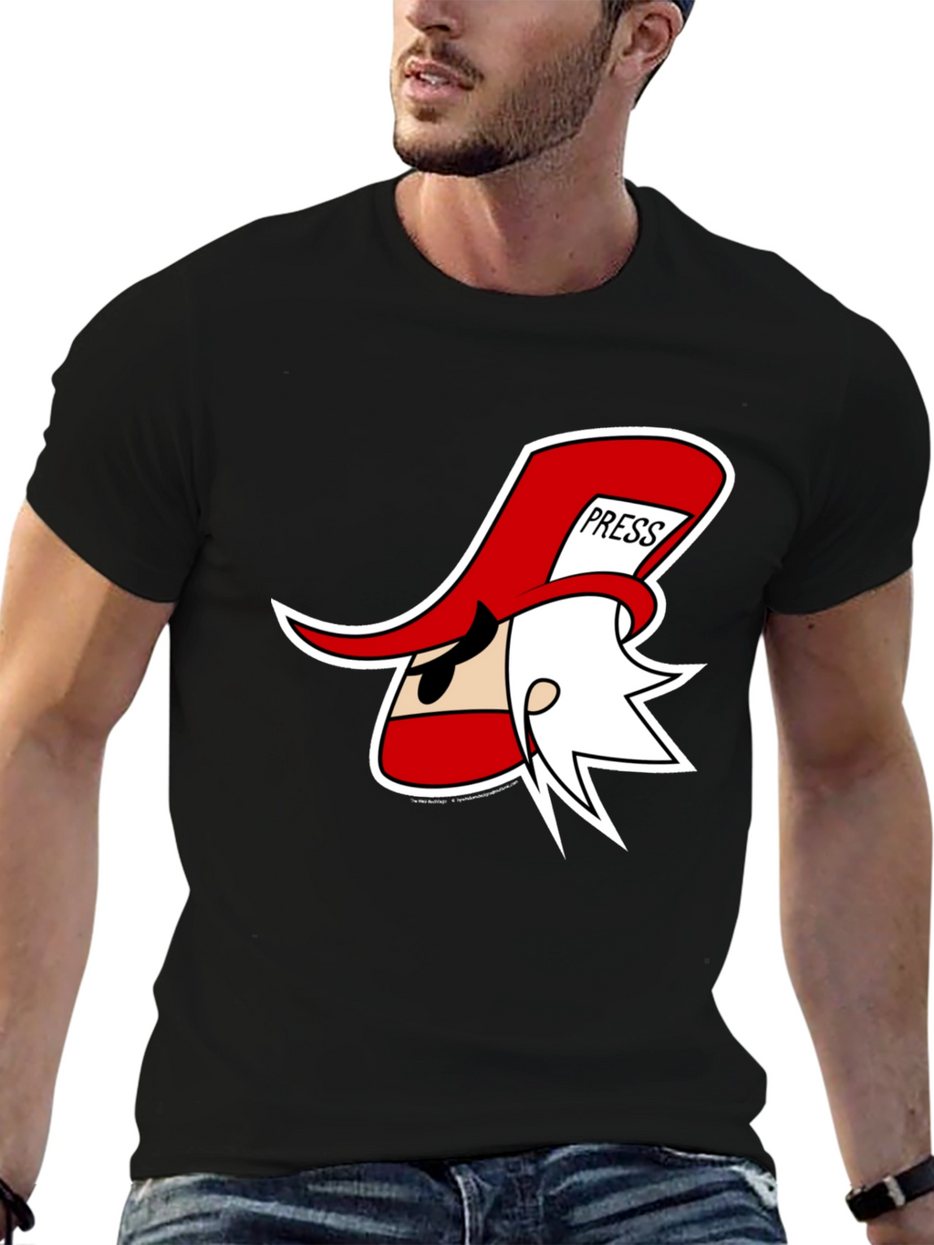 Cartoon Press Hat Man Black T-Shirt