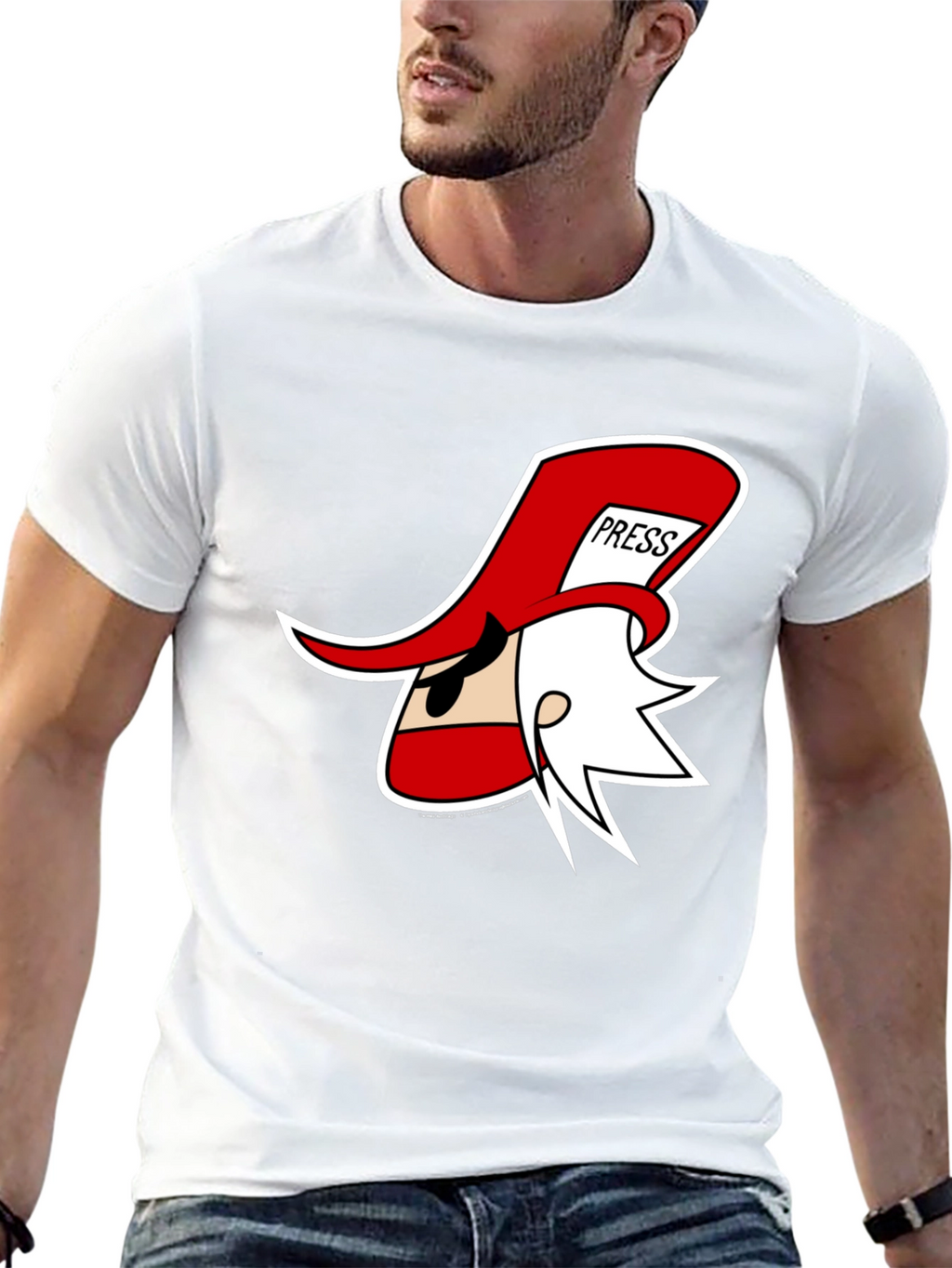 Cartoon Press Hat Man Black T-Shirt