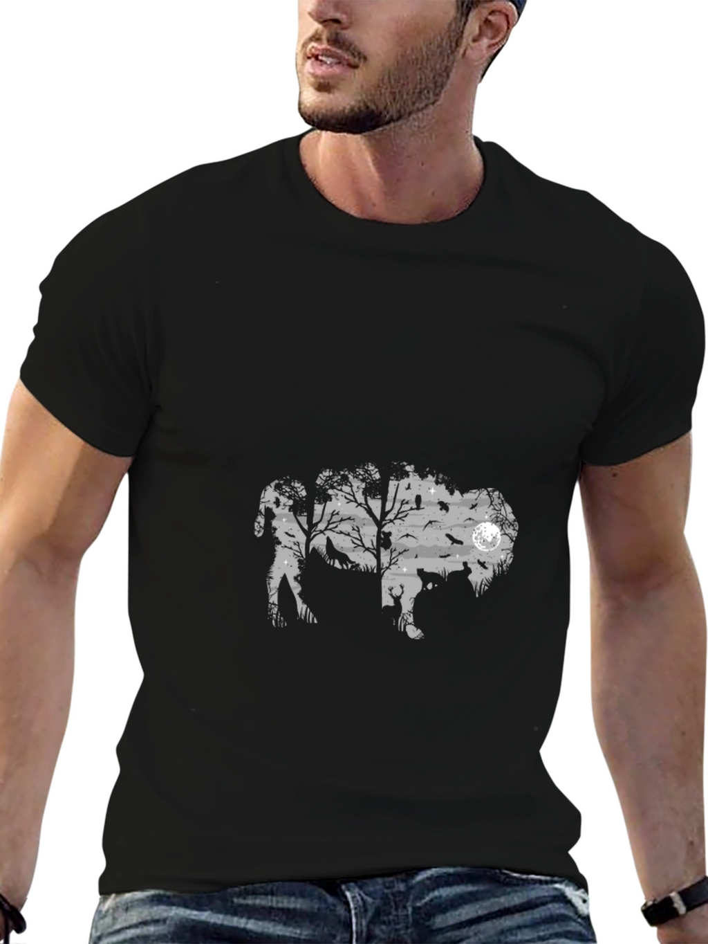 Mens Black Graphic T-Shirt - Wildlife Silhouette