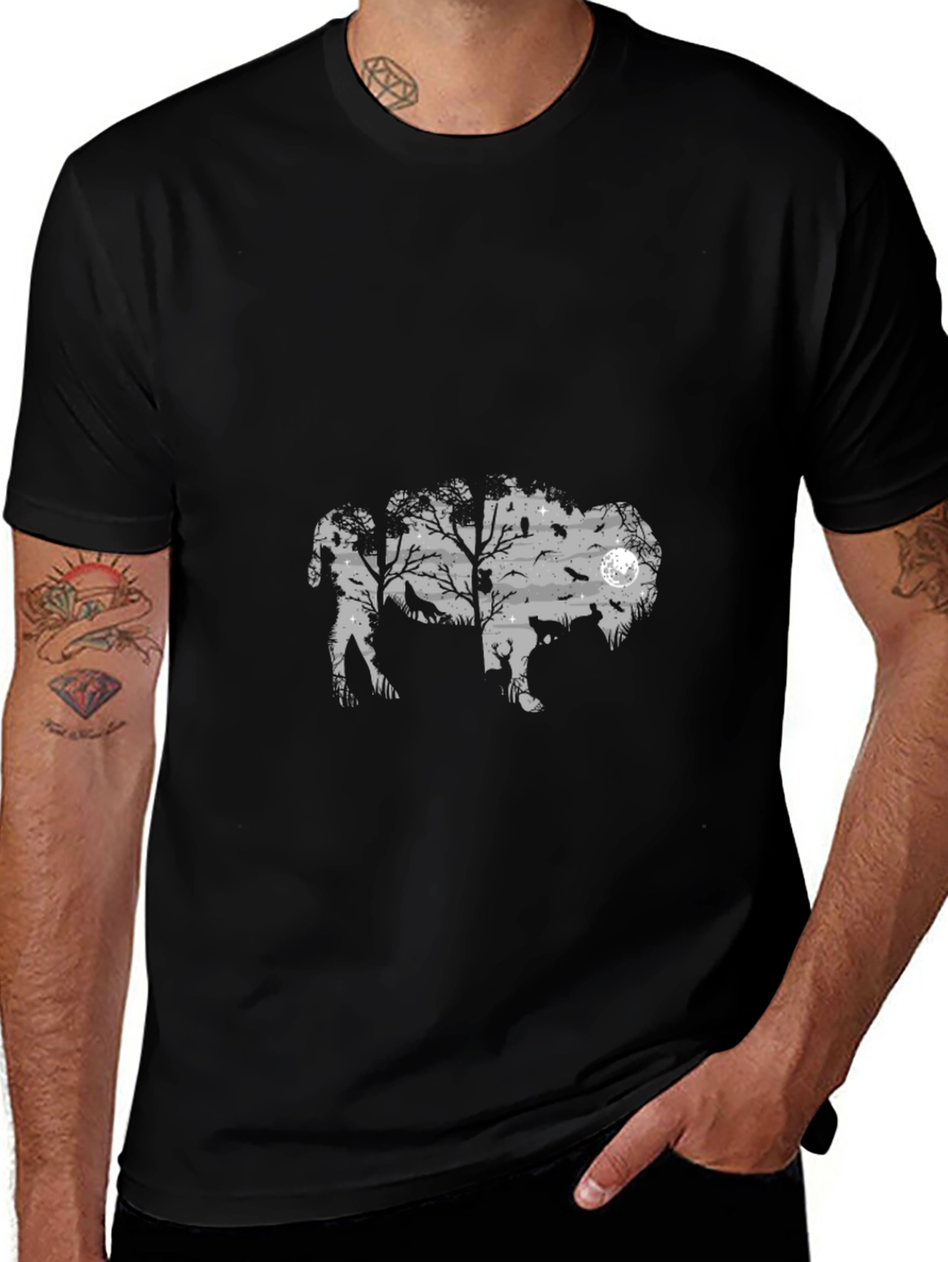 Mens Black Graphic T-Shirt - Wildlife Silhouette