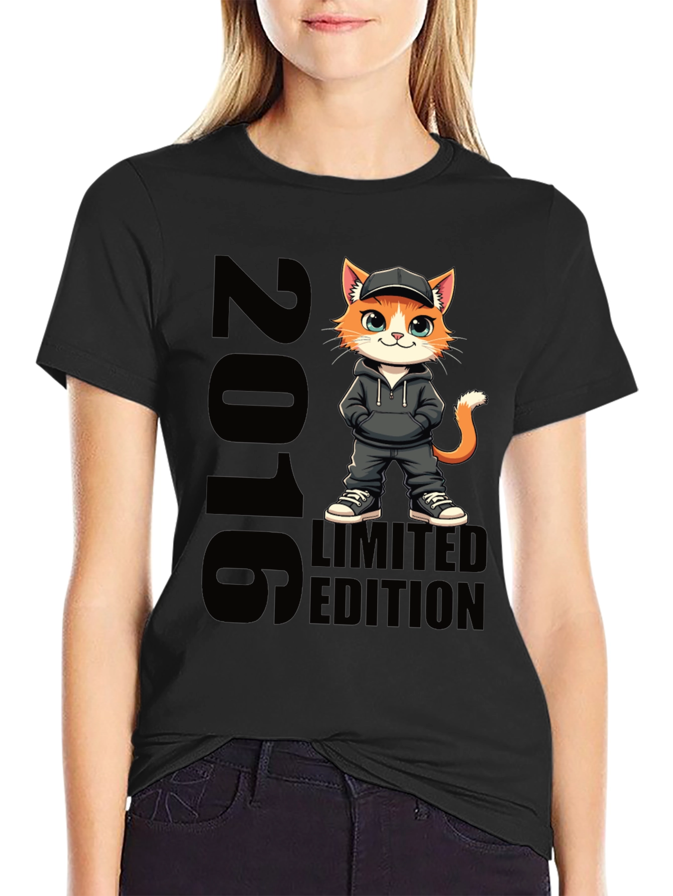 Limited Edition 2016 Cat Cartoon Black T-Shirt