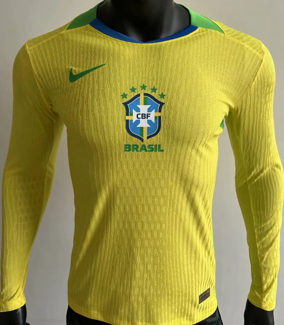 2025/26 Brazil Home Yellow Player Version Long Sleeve Soccer Jersey Front