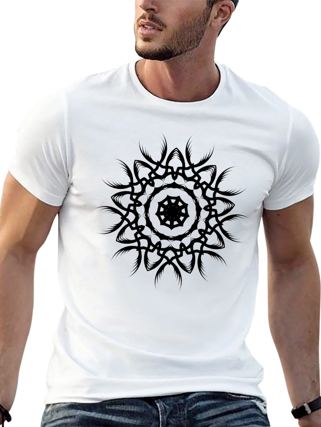 Mens Black Graphic Tee - Mandala Design