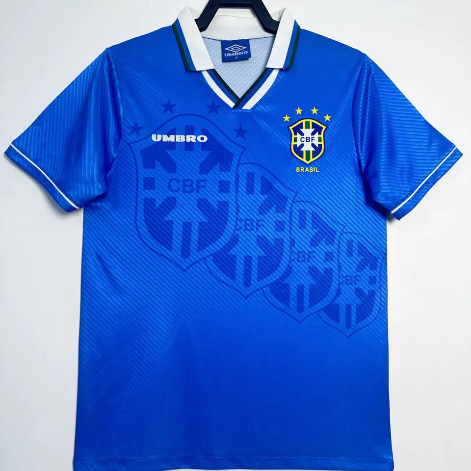 1996 Brazil Away Blue Retro Soccer Jersey Front