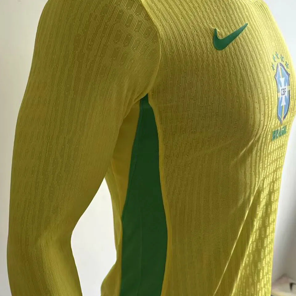 2025/26 Brazil Home Yellow Player Version Long Sleeve Soccer Jersey Detail 4
