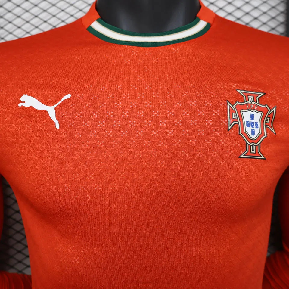 2025 Portugal Home Red Player Version Long Sleeve Soccer Jersey Detail 1
