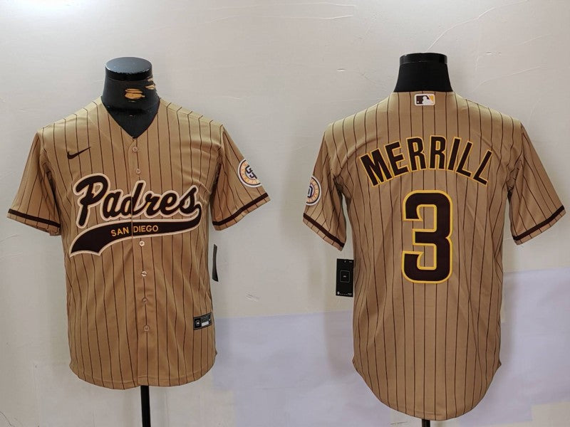 Men's San Diego Padres Jackson Merrill #3 Tan Alternate Replica Player Jerseys