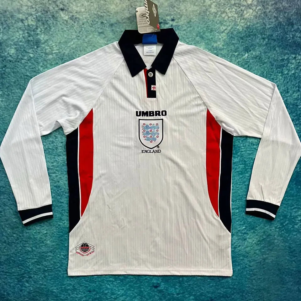 1998 England Home White Retro Long Sleee Jersey Front