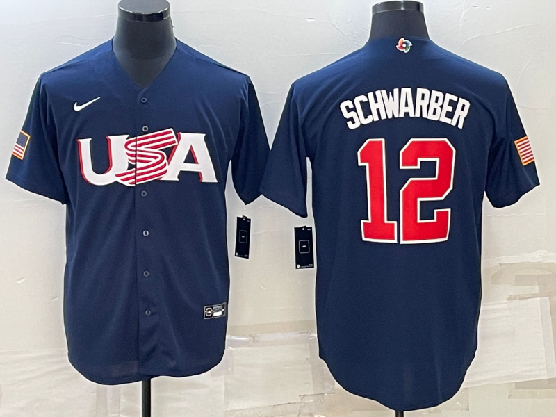 Men's 2023 World Baseball Classic #12 Kyle Schwarber USA Navy Jerseys