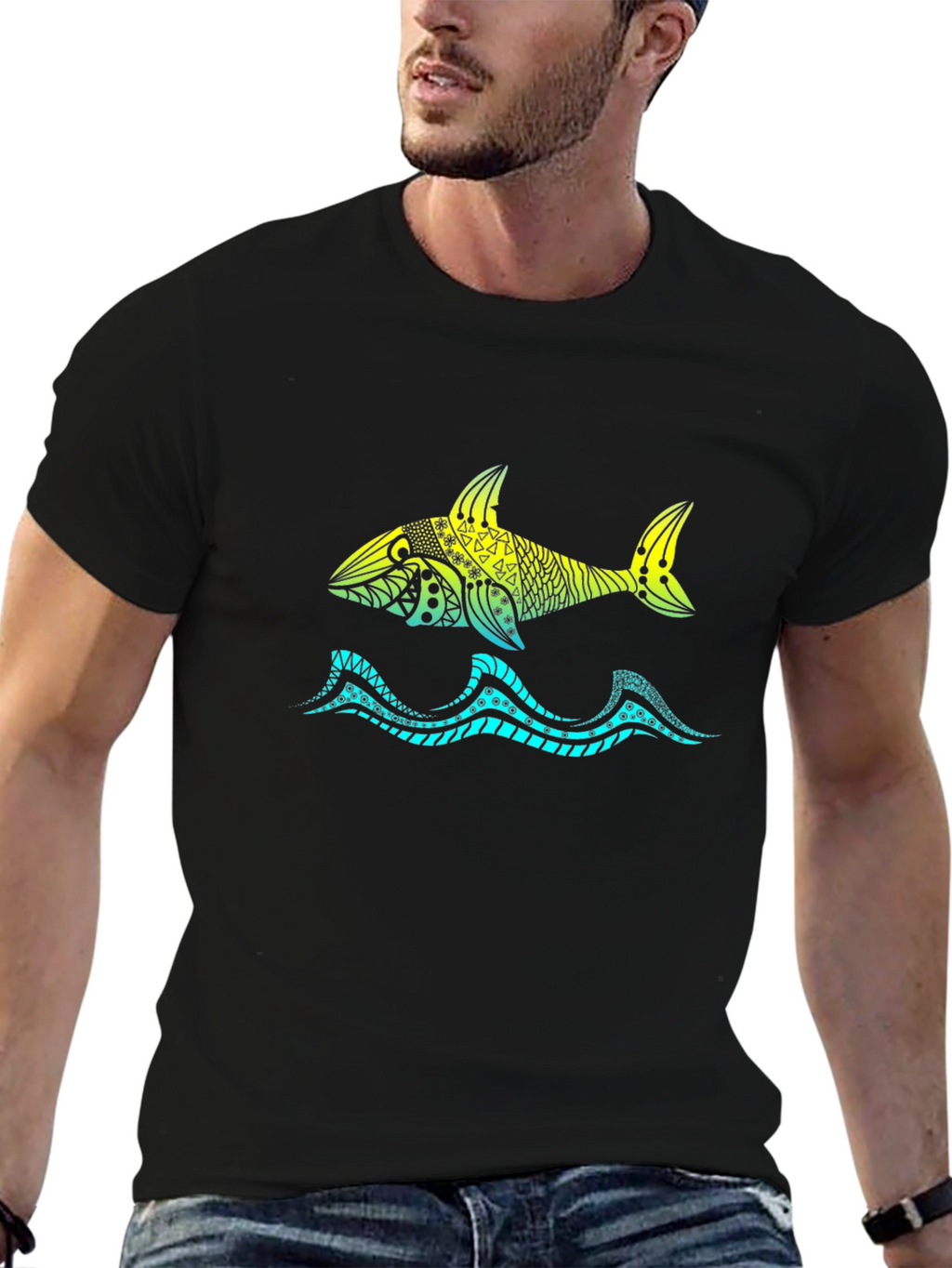 Shark Tribal Graphic Black T-Shirt