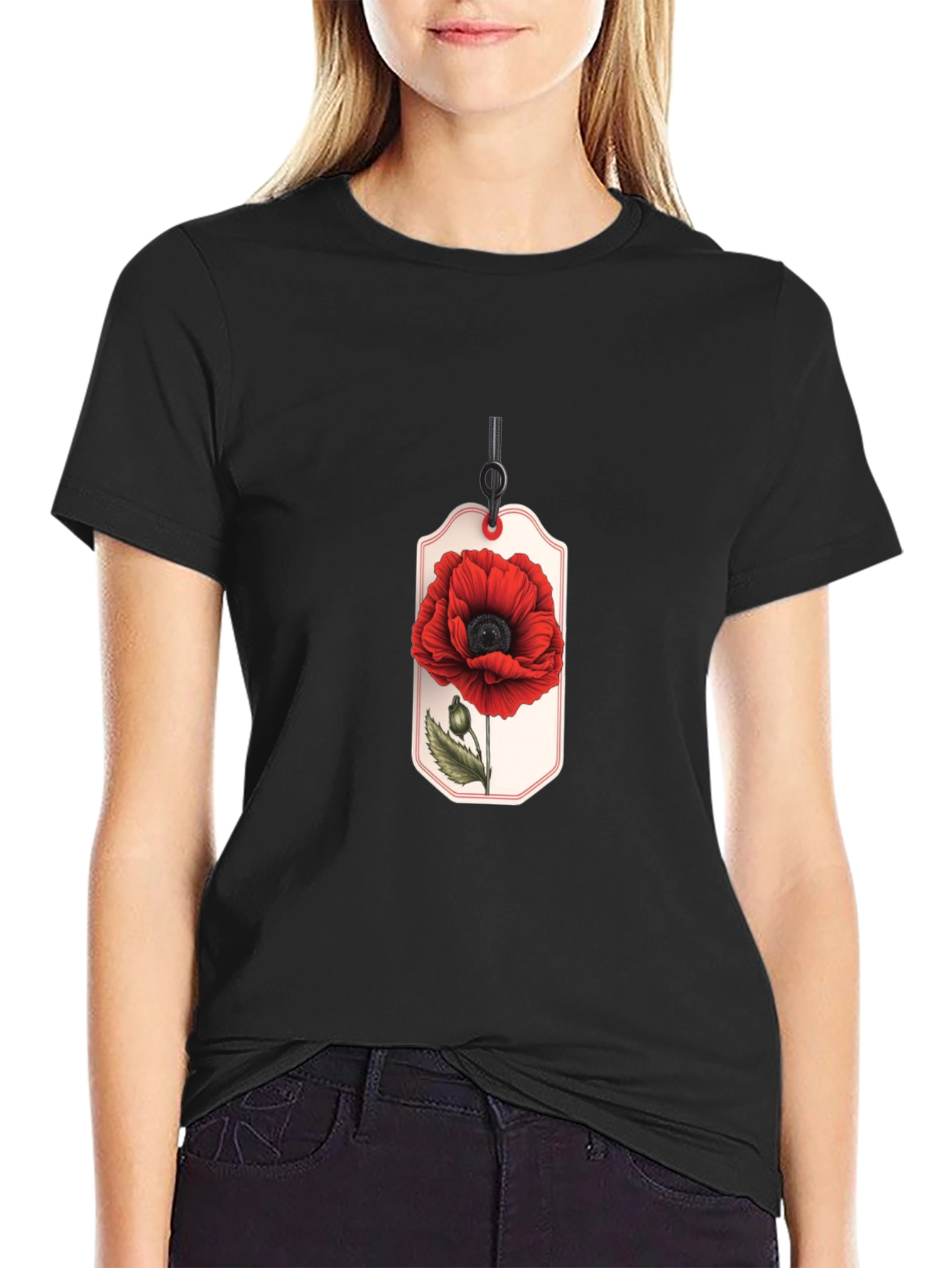 Poppy Flower Tag Graphic Black T-Shirt