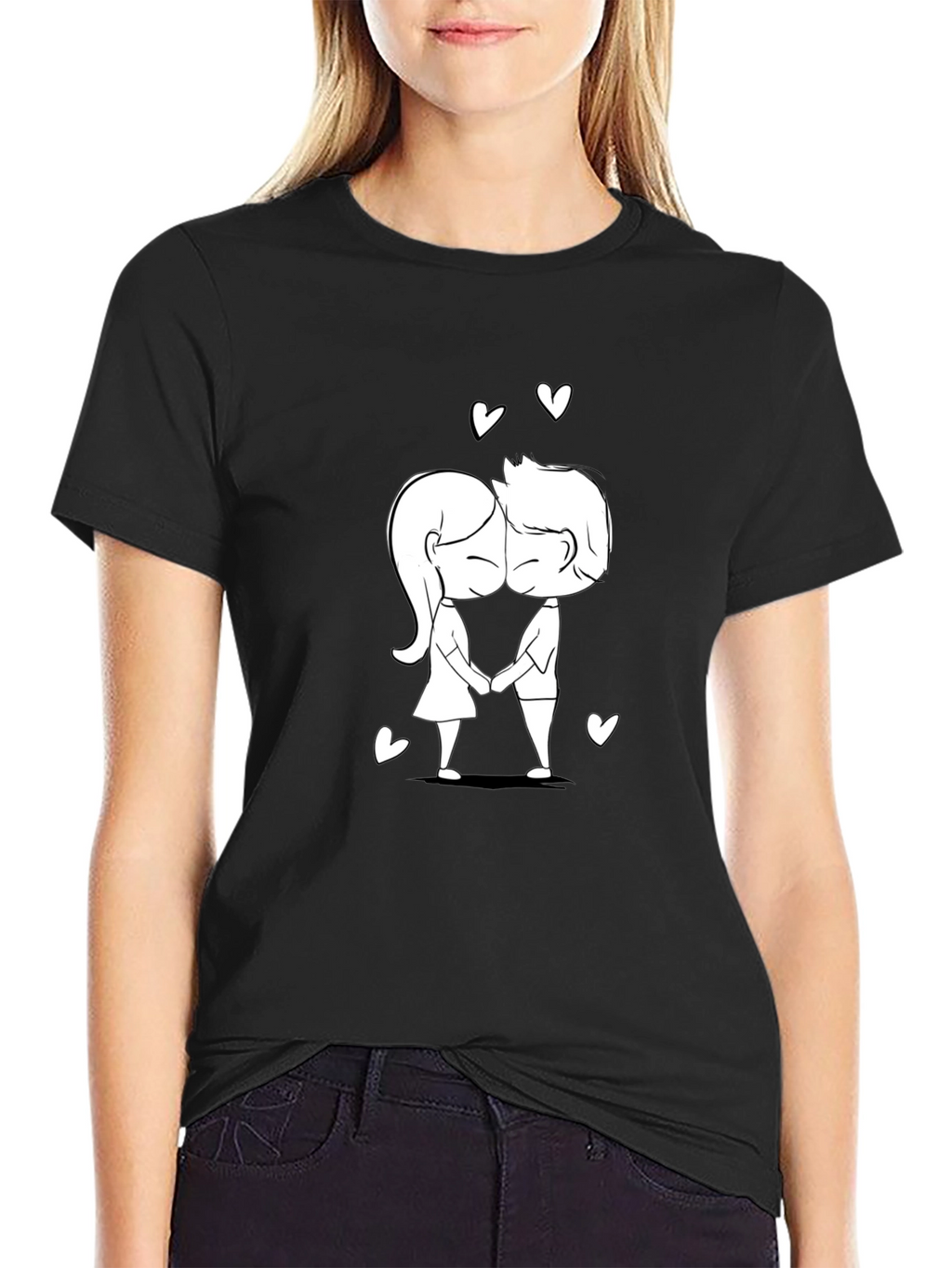 Cute Cartoon Couple Black T-Shirt